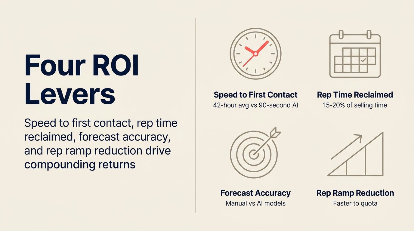 Bốn ROI levers: tốc độ đến first contact, rep time được lấy lại, forecast accuracy, và ramp reduction