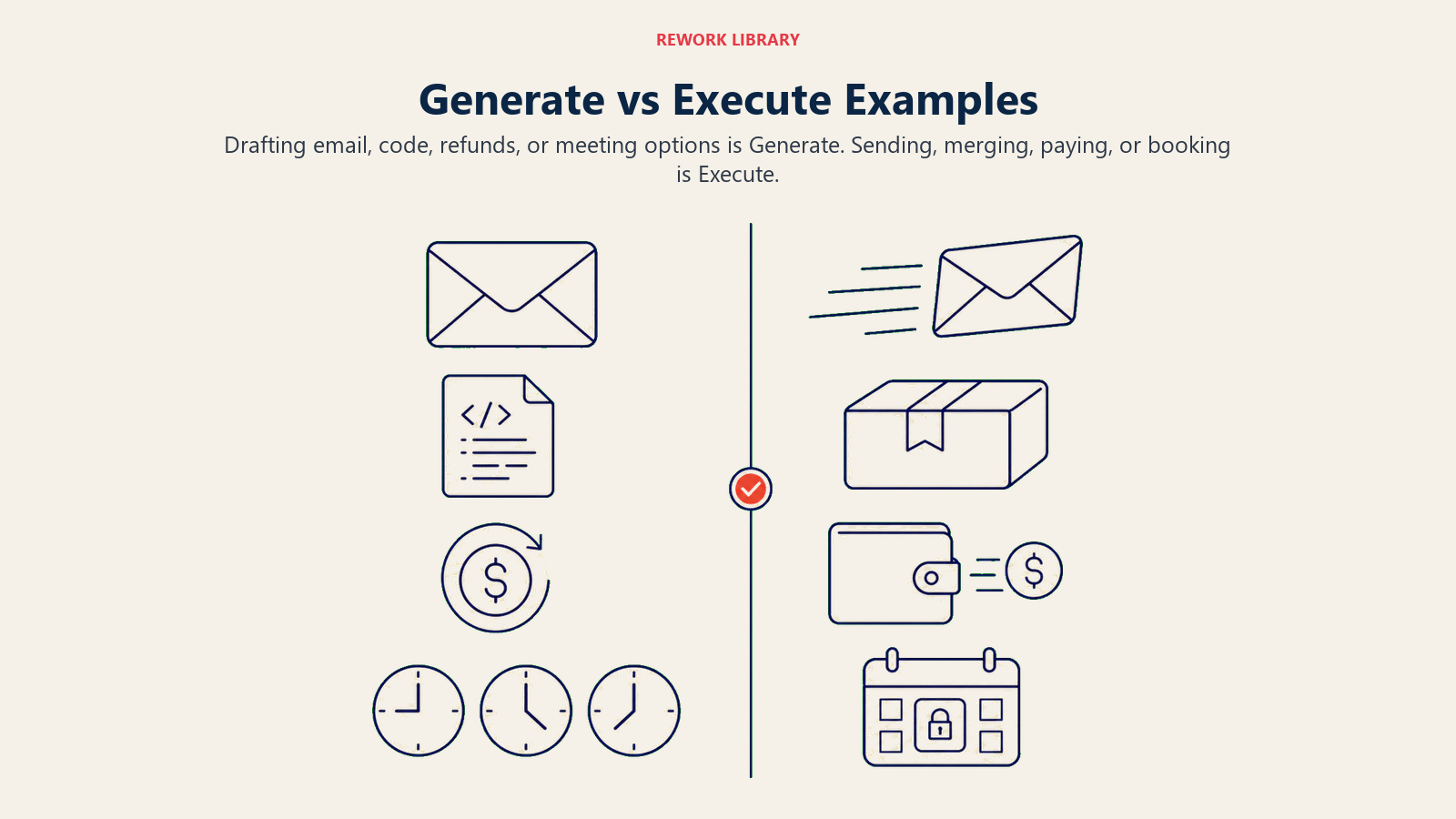 Generate vs Execute examples across email, code, refunds, and calendar actions