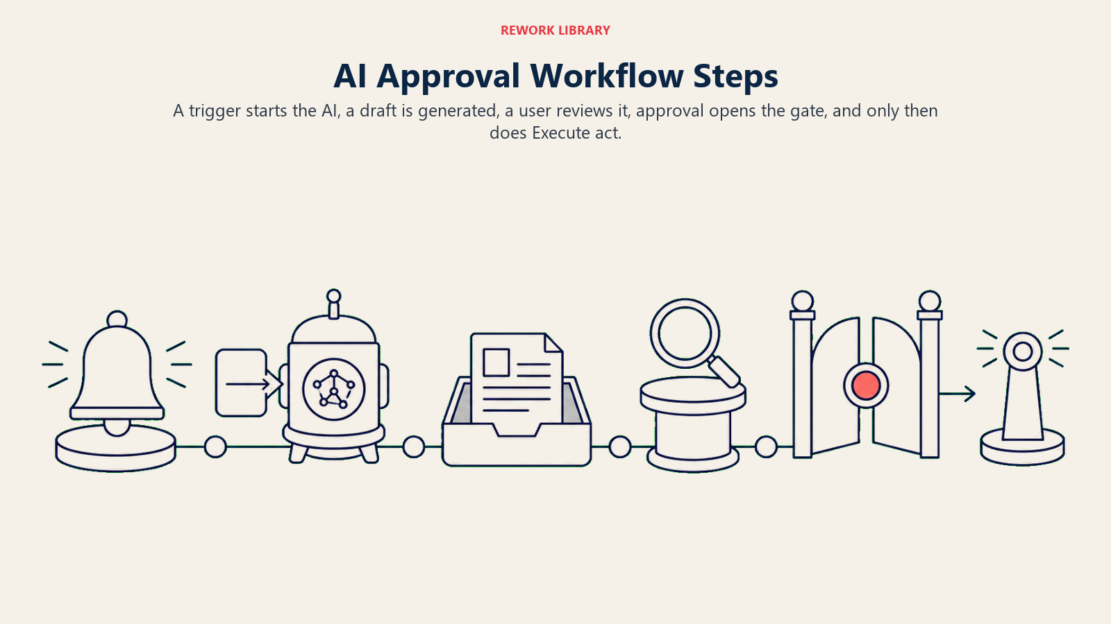 AI approval workflow steps from trigger and draft through review gate to Execute