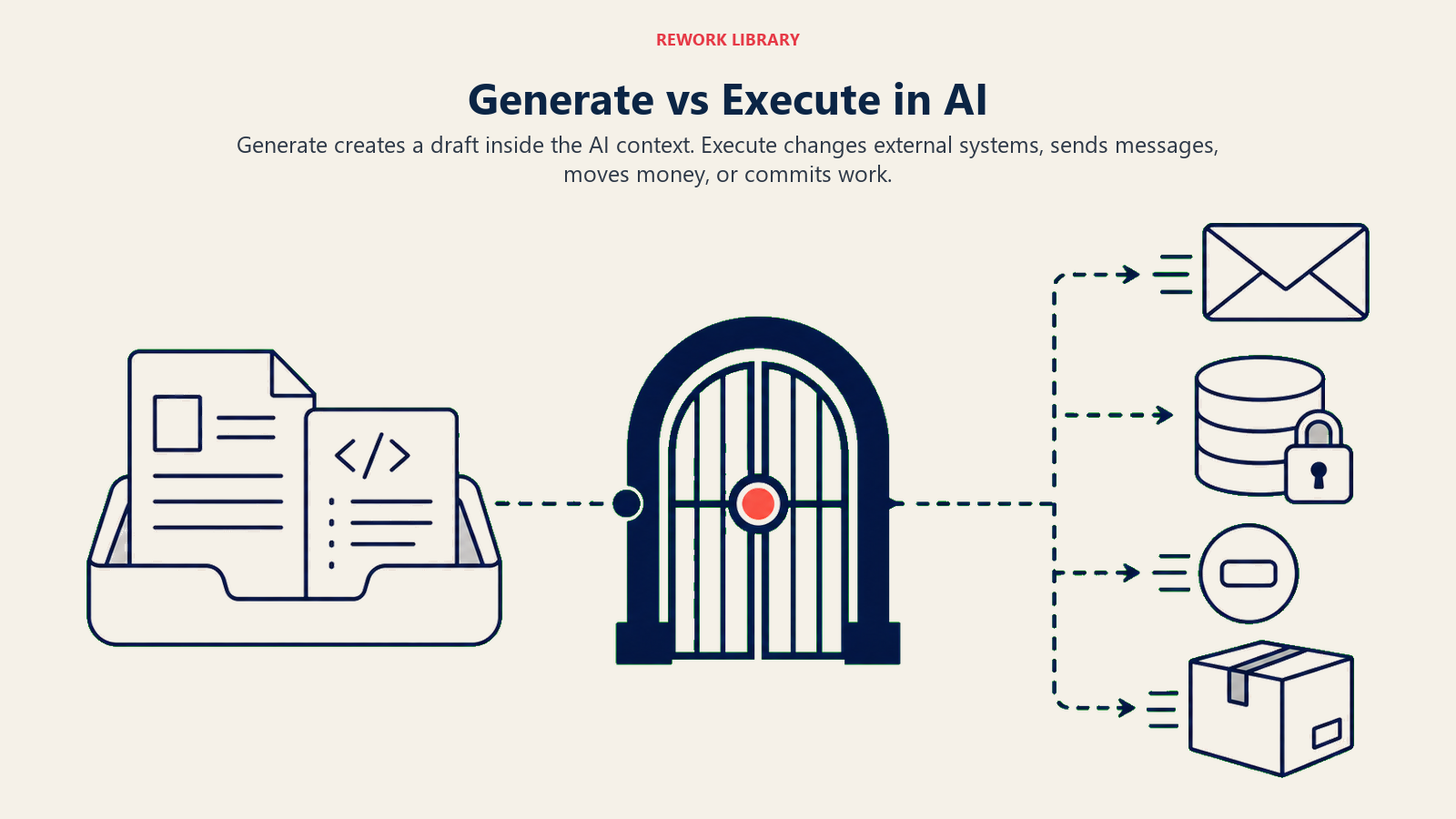 Generate vs Execute in AI shown as a draft crossing an approval gate before changing external systems