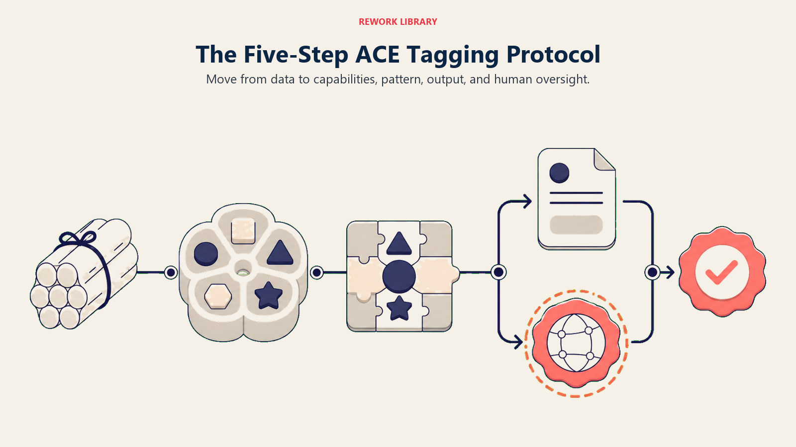 Five ordered ACE tagging checkpoints from input data to human oversight