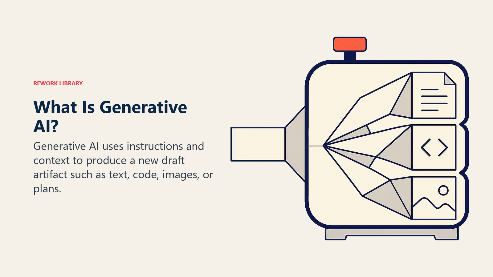 Generative AI artifact press unfolding instructions and context into a document, code tile, and image