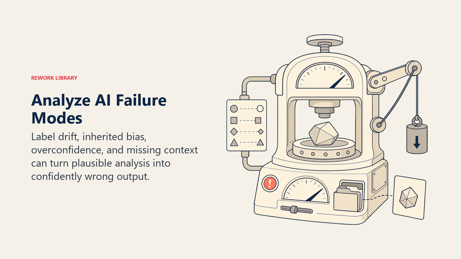 Analyze AI failure modes shown as drift, bias, overconfidence, and lost context in an interpretation workbench