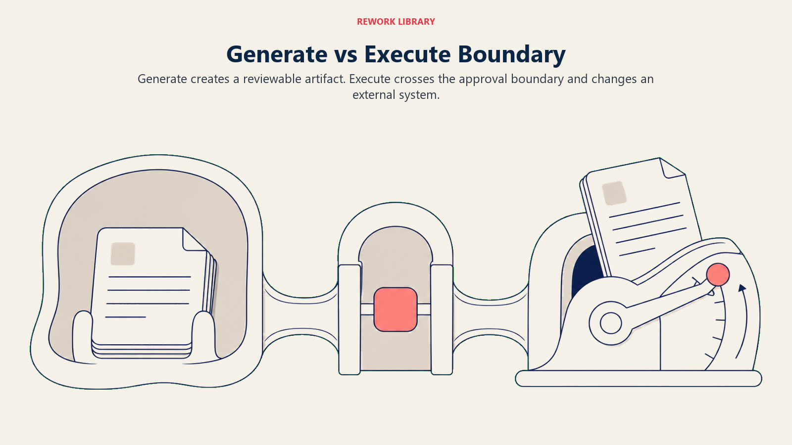 Generate versus Execute boundary with a draft crossing an approval gate into an external state change