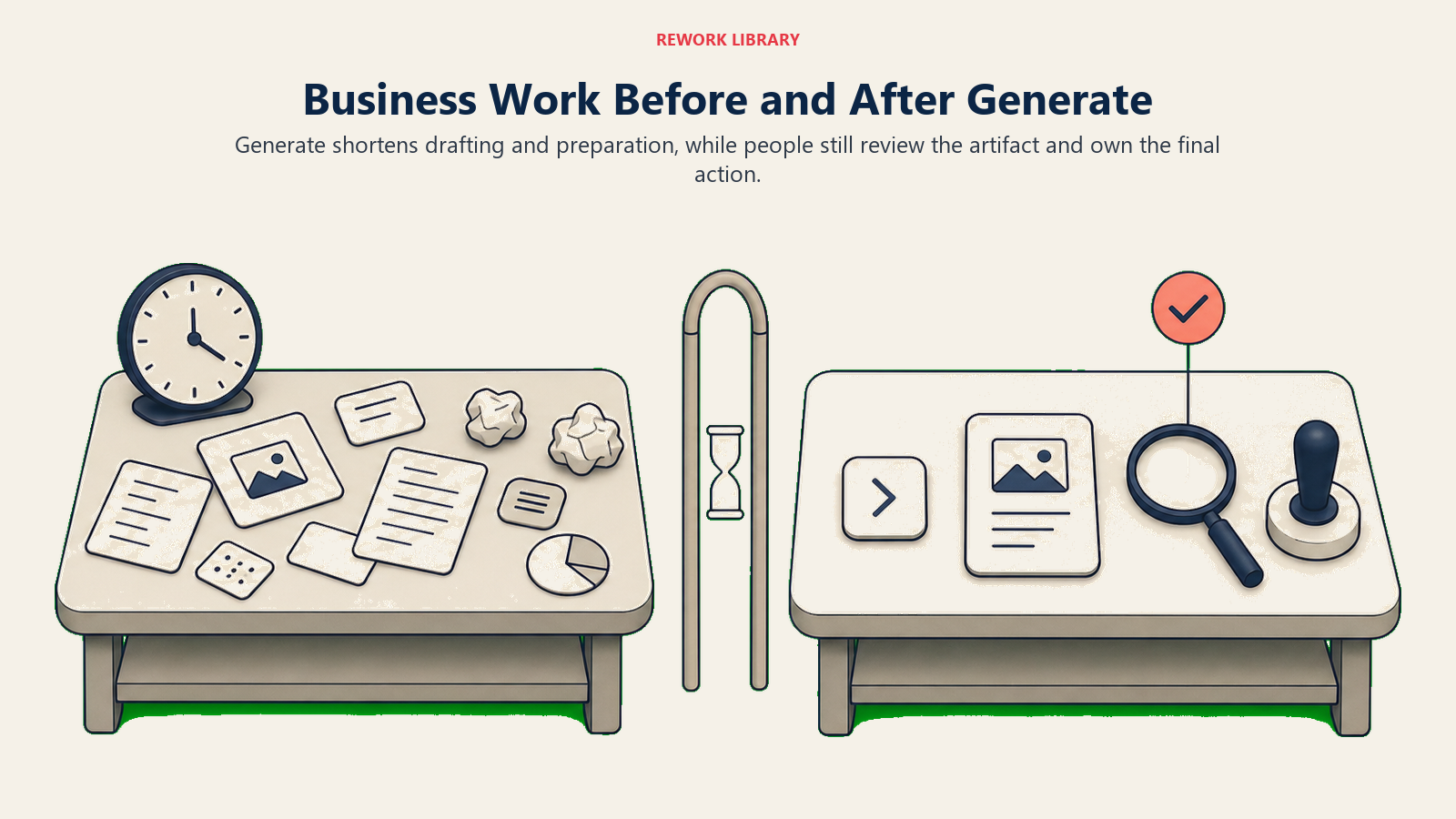 AI-assisted work compared before and after through two business workbenches with a review step