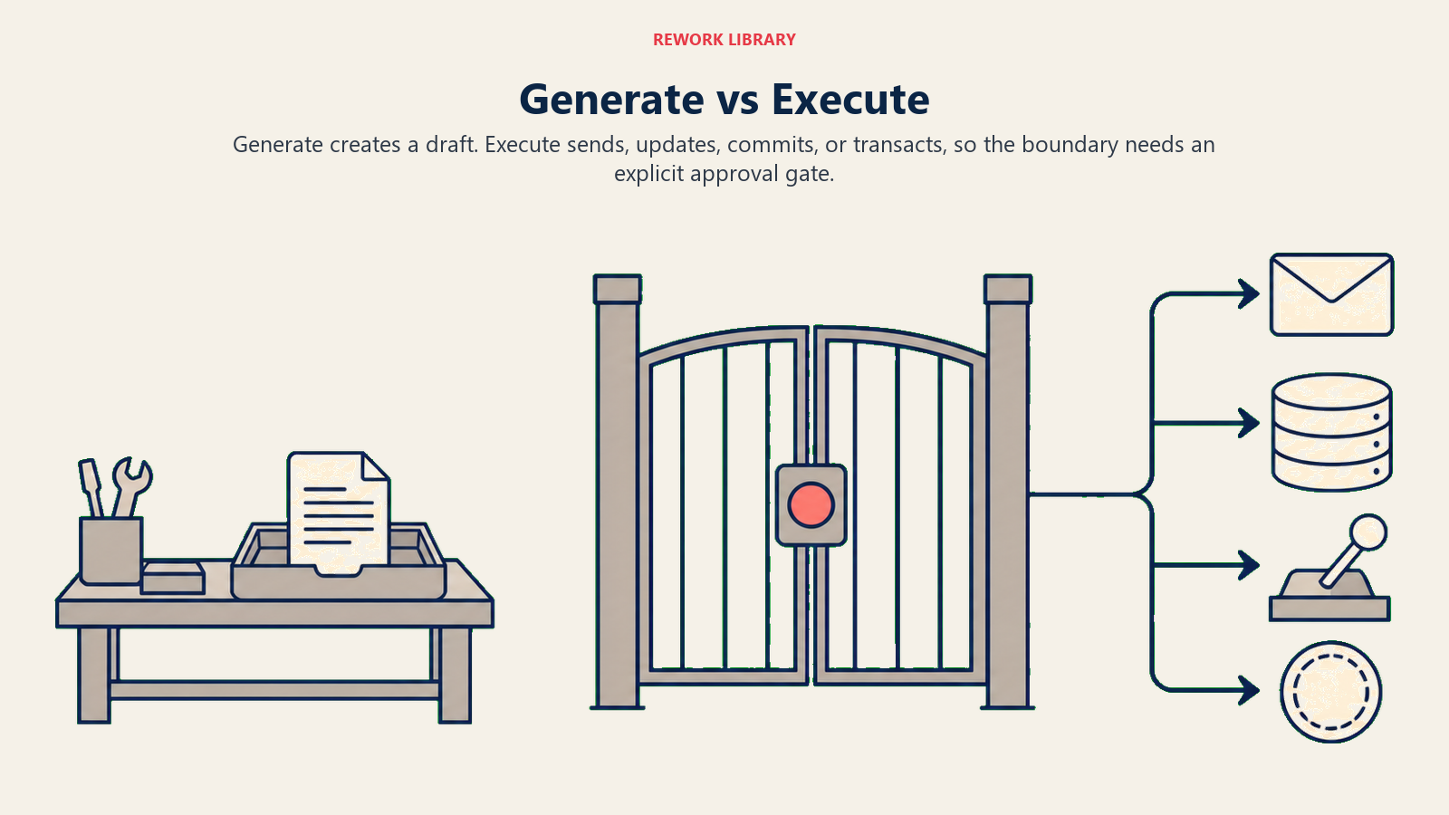 Generate versus Execute shown as a draft workshop separated from external actions by an approval gate