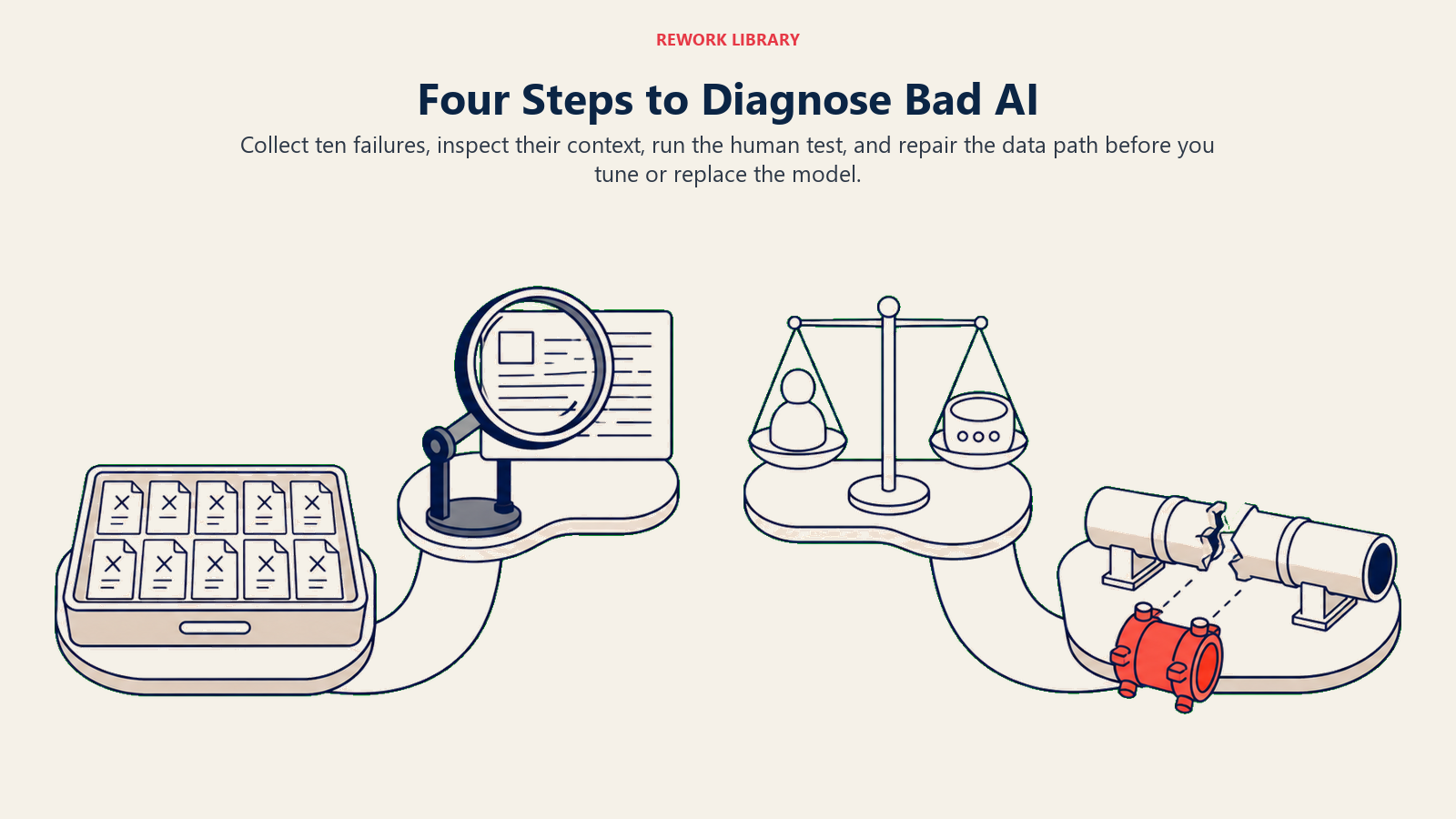 Four steps to diagnose bad AI shown as examples, context inspection, human test, and data-path repair