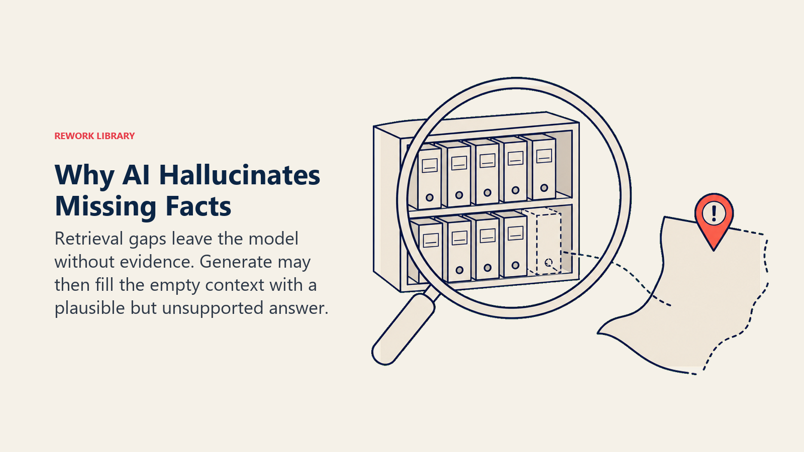 Why AI hallucinates missing facts shown as a retrieval lens finding an empty evidence slot