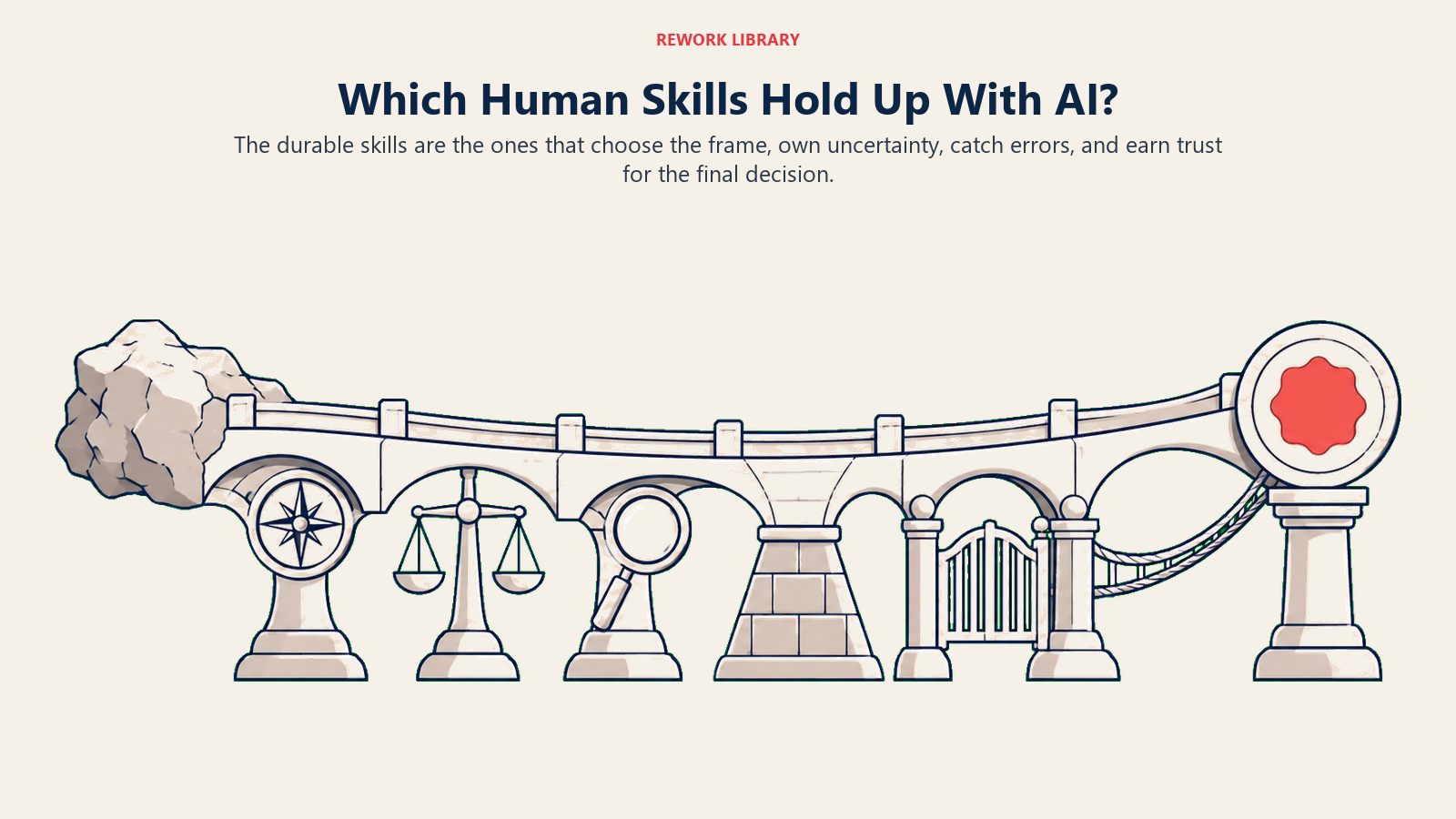 Human skills that hold up with AI shown as supports carrying an AI draft toward an accountable decision