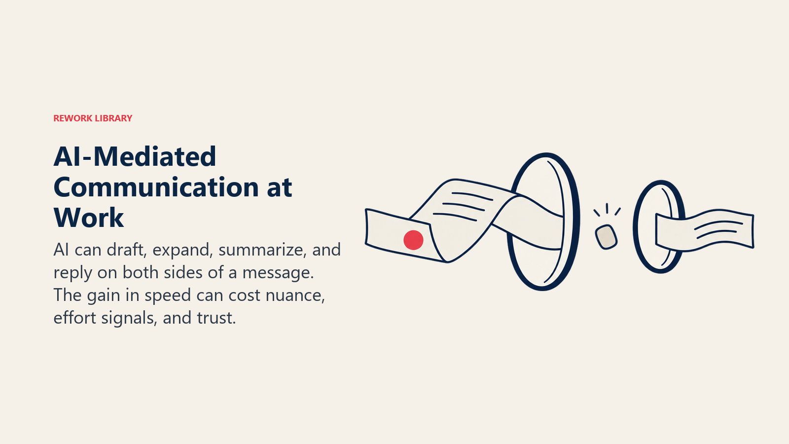 AI-mediated communication relay showing a work message drafted and summarized through two AI lenses