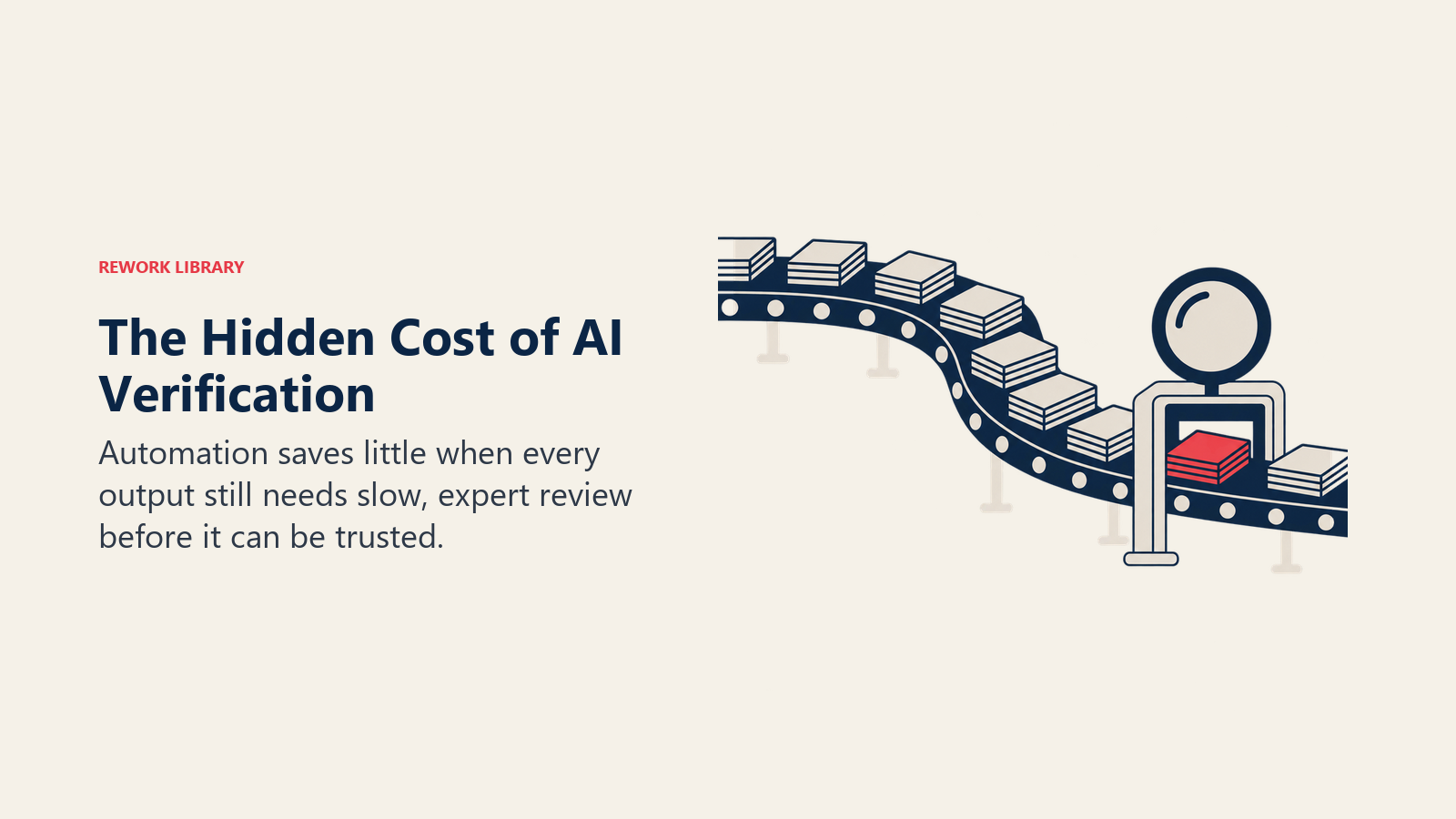 Hidden AI verification cost shown as fast automated output piling up at one narrow human review checkpoint