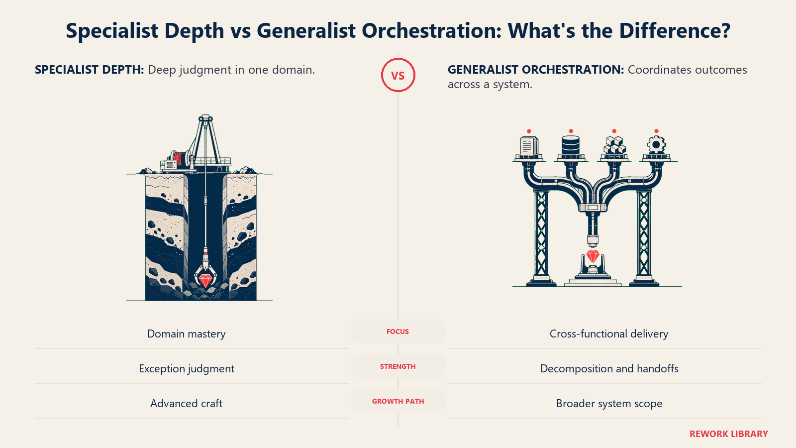 Specialist depth compared with generalist orchestration across focus, strength, and growth path