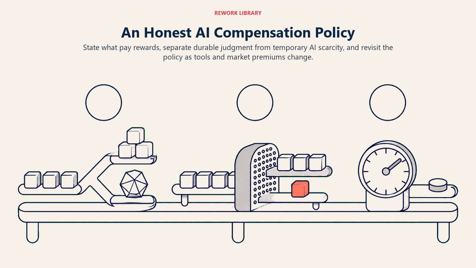 Three-station workbench for an honest AI compensation policy covering reward basis, expertise, and temporary premiums