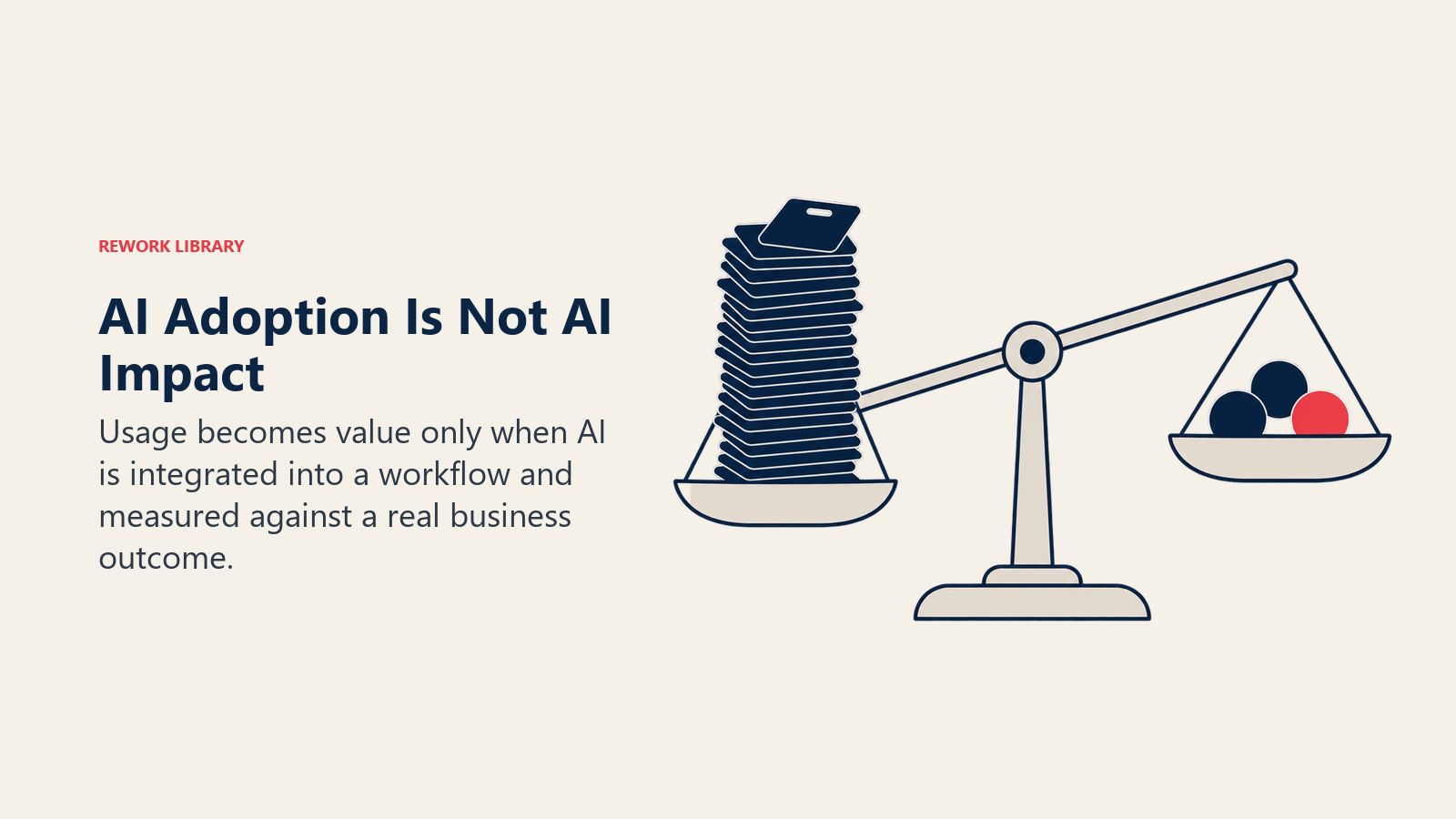 AI adoption is not AI impact, shown as many access badges outweighing a few verified business value tokens