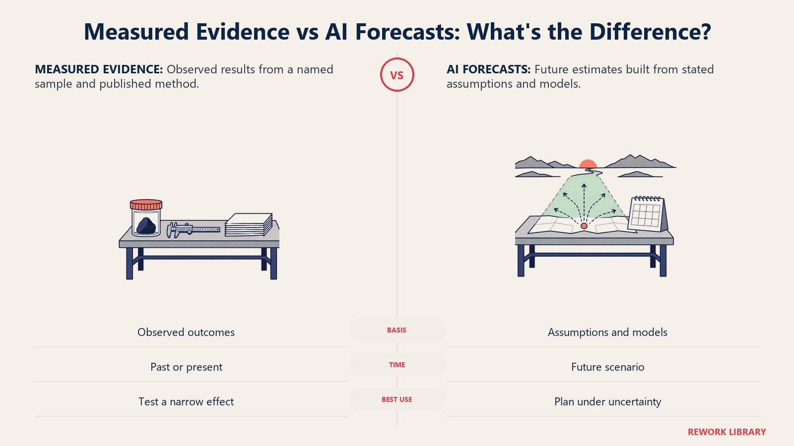 Measured evidence versus AI forecasts, comparing observed study records with assumption-based future scenarios