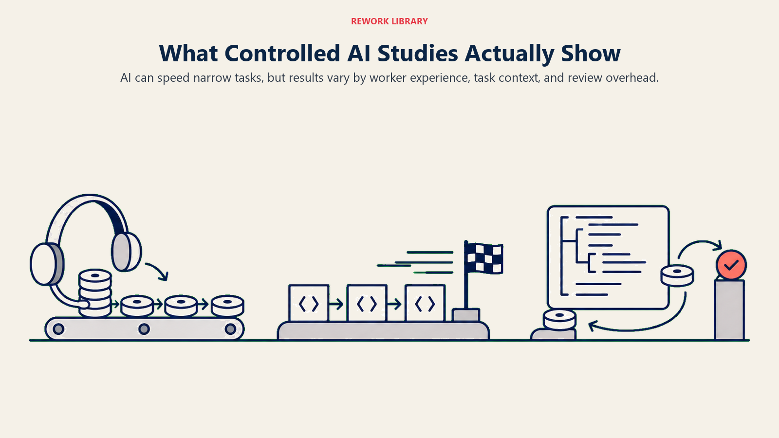 Controlled AI studies shown as support, bounded coding, and high-context work experiments with different outcomes