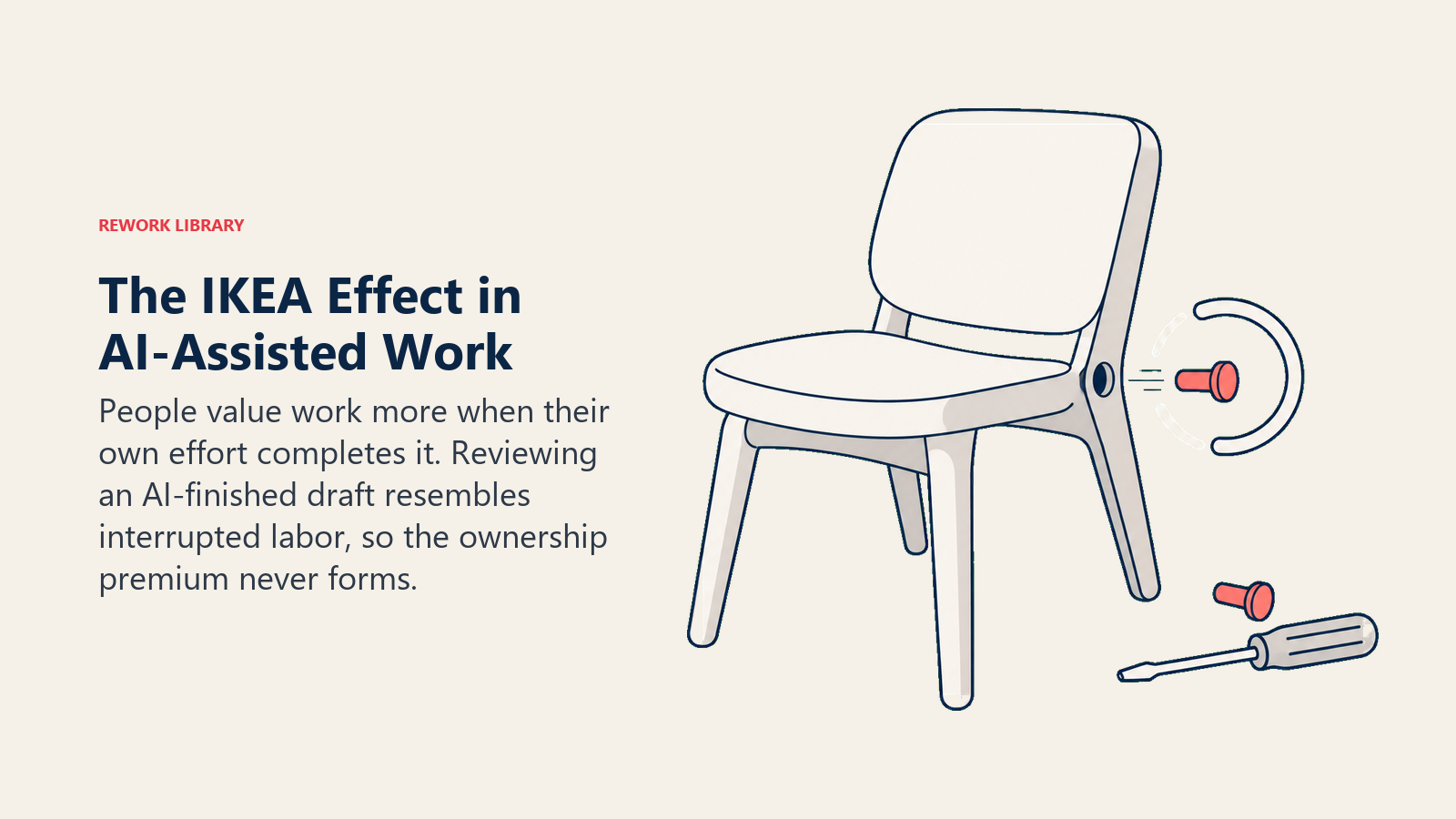 An almost assembled chair whose final joint is completed by automation, illustrating the IKEA effect in AI-assisted work