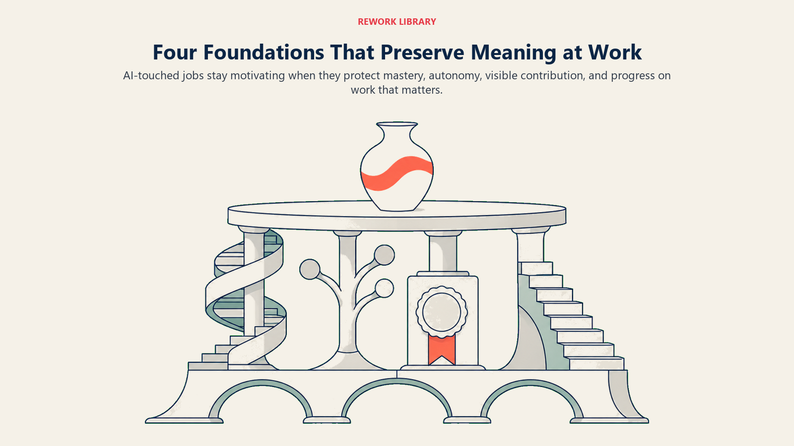 Four foundations supporting meaningful work: mastery, autonomy, visible contribution, and progress