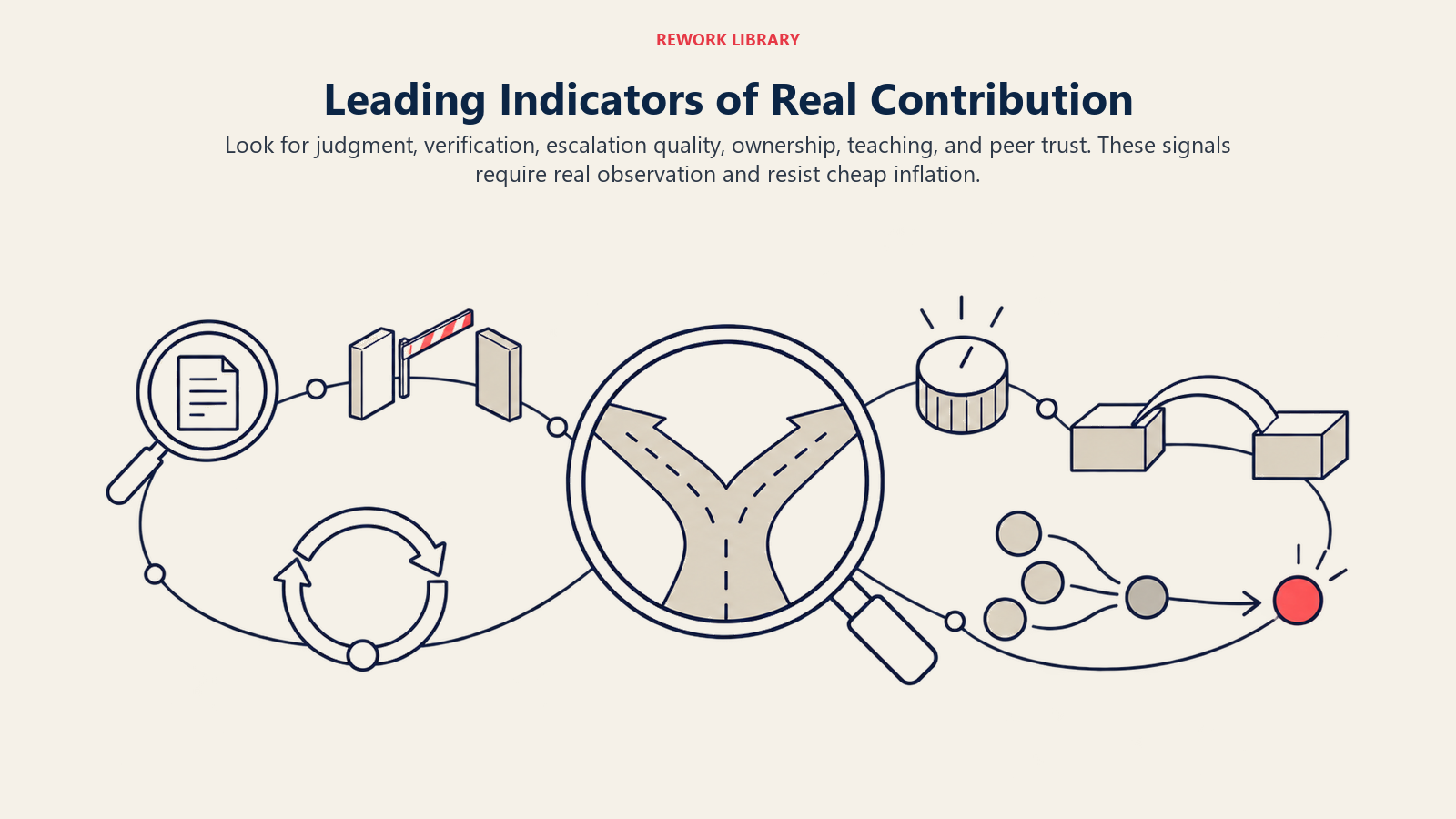 Leading indicators of real contribution centered on judgment, verification, escalation, ownership, teaching, and peer trust