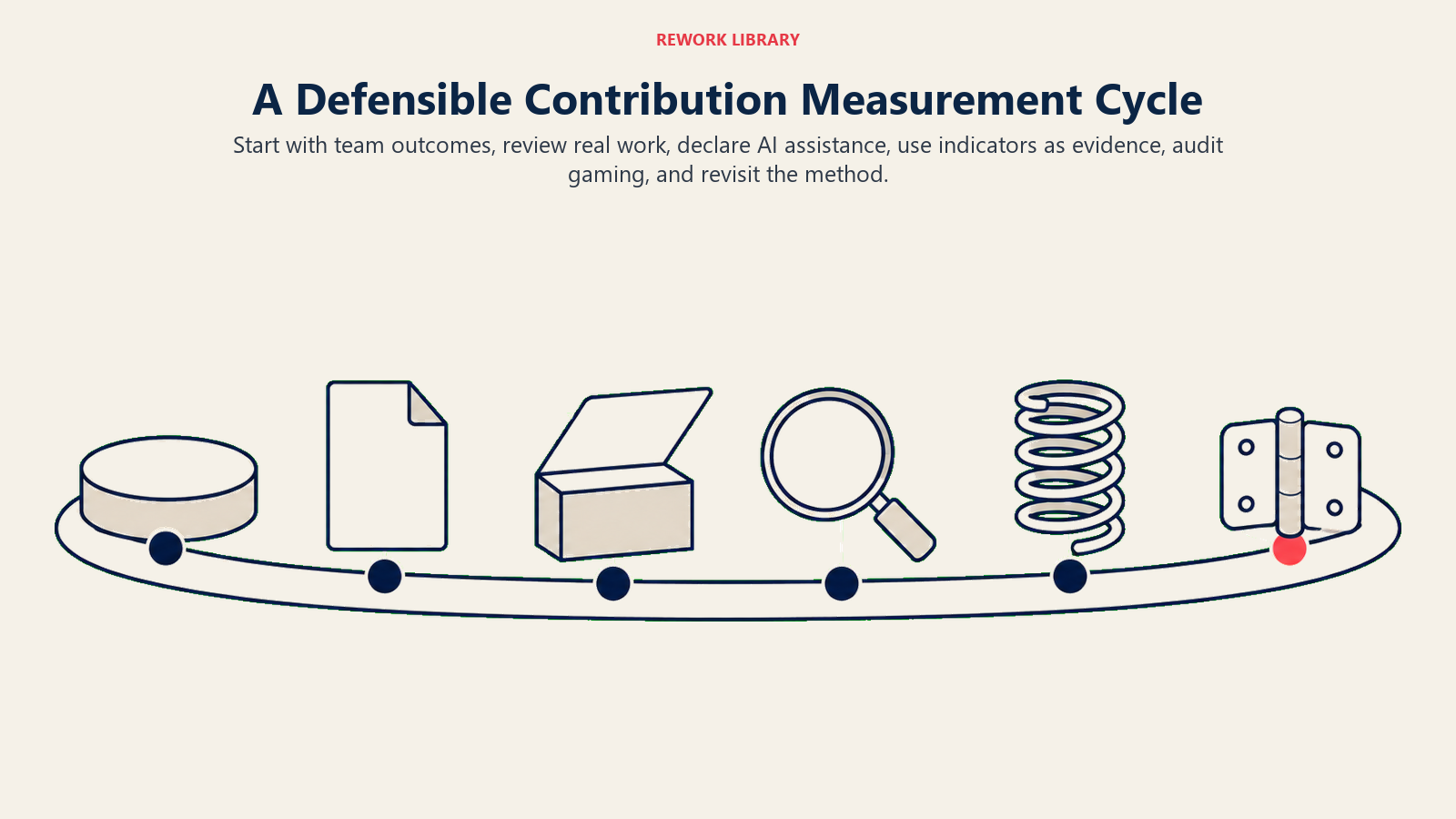 Six-stage contribution measurement cycle covering team outcomes, real work review, AI disclosure, evidence, gaming audits, and method revision