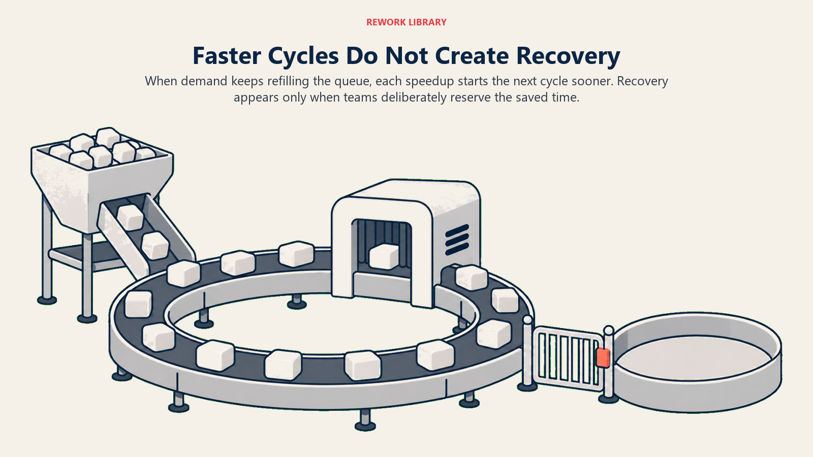 A faster task conveyor refills immediately while recovery time remains behind a closed gate