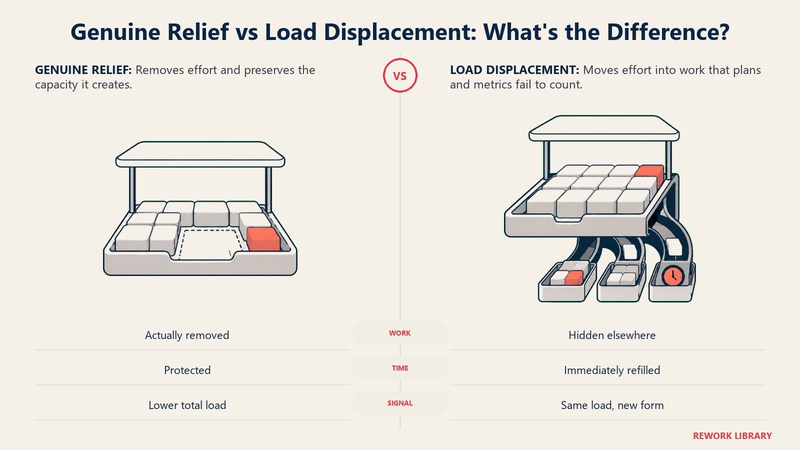 Genuine workload relief compared with hidden load displacement into review, switching, and after-hours work
