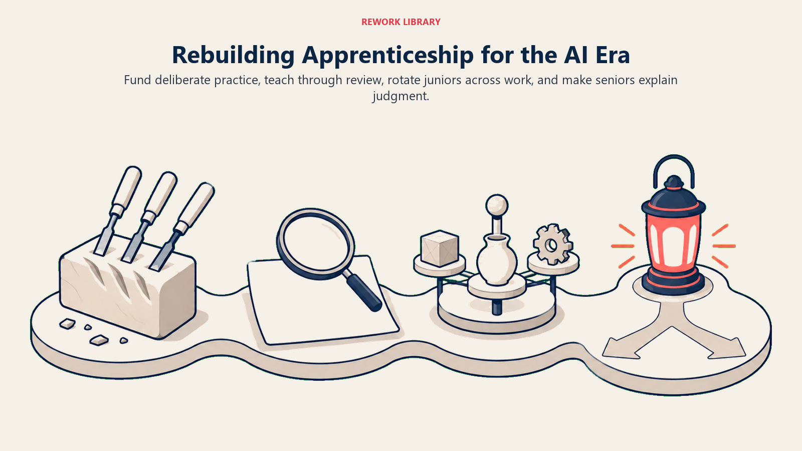 AI-era apprenticeship rebuilt through deliberate practice, review, rotation, and explained judgment