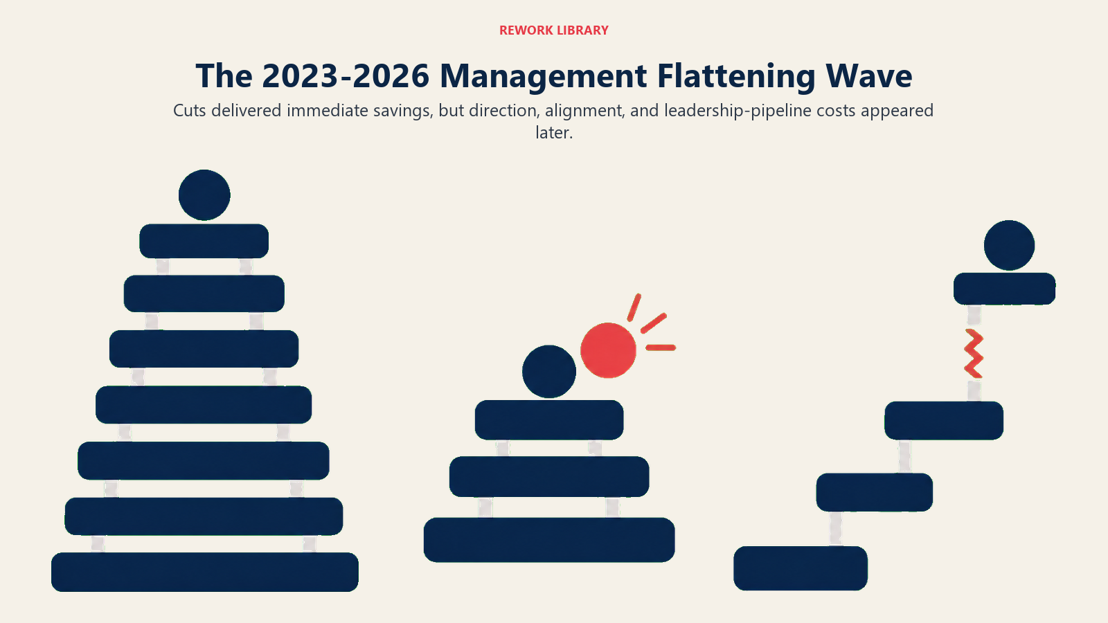 Management layers compressed before a delayed leadership-pipeline gap appears