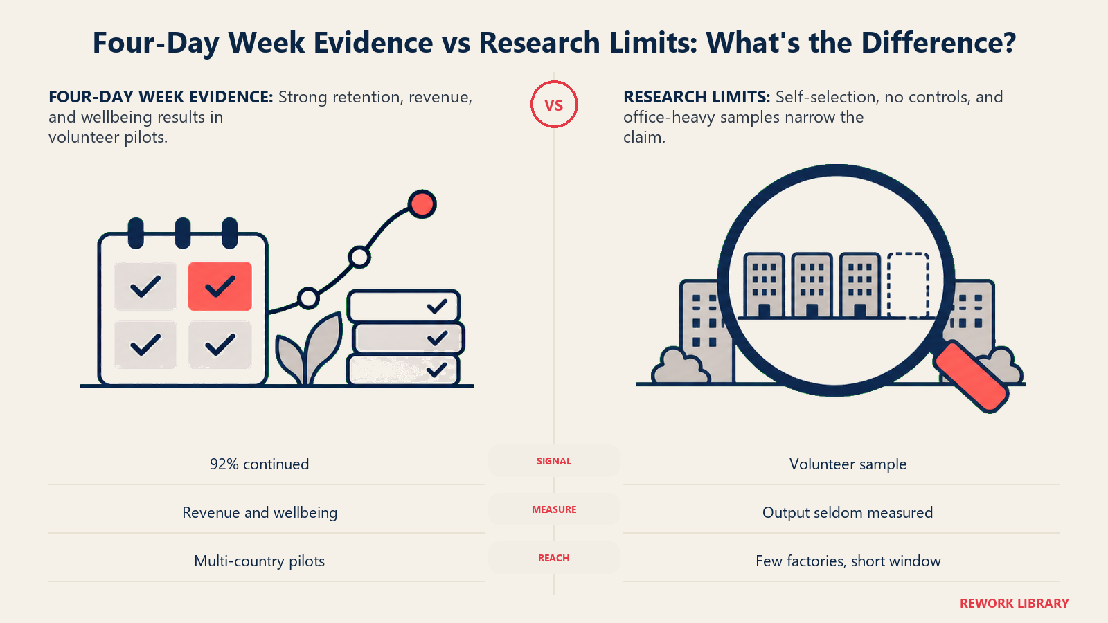 Four-day week pilot evidence compared with research limits such as self-selection and missing control groups