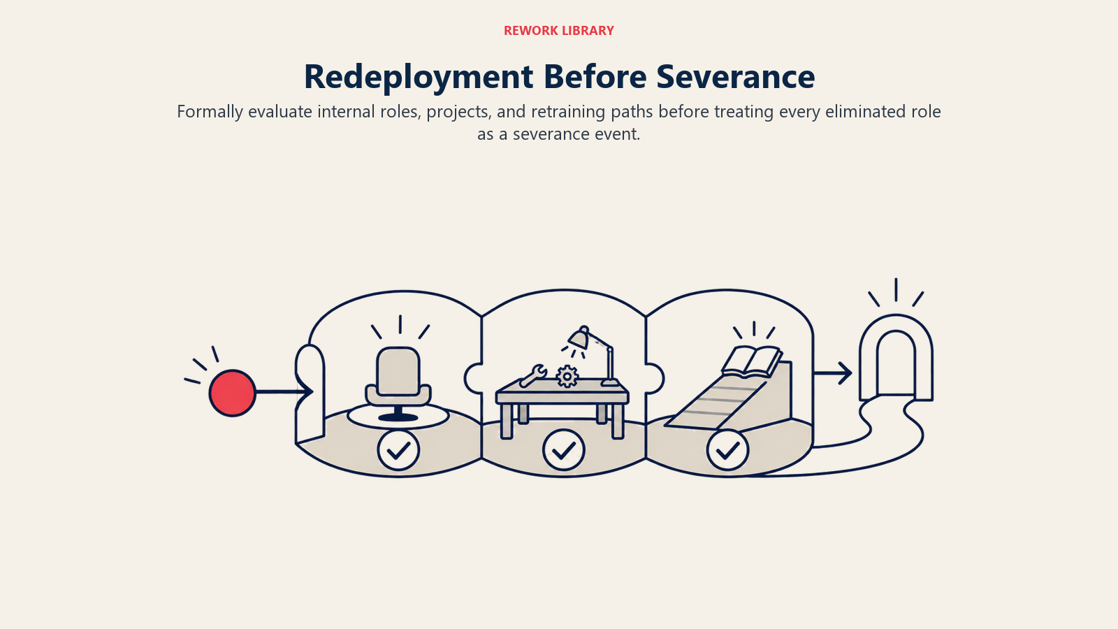 Redeployment before severance shown as internal role, project, and retraining routes evaluated before an exit gate