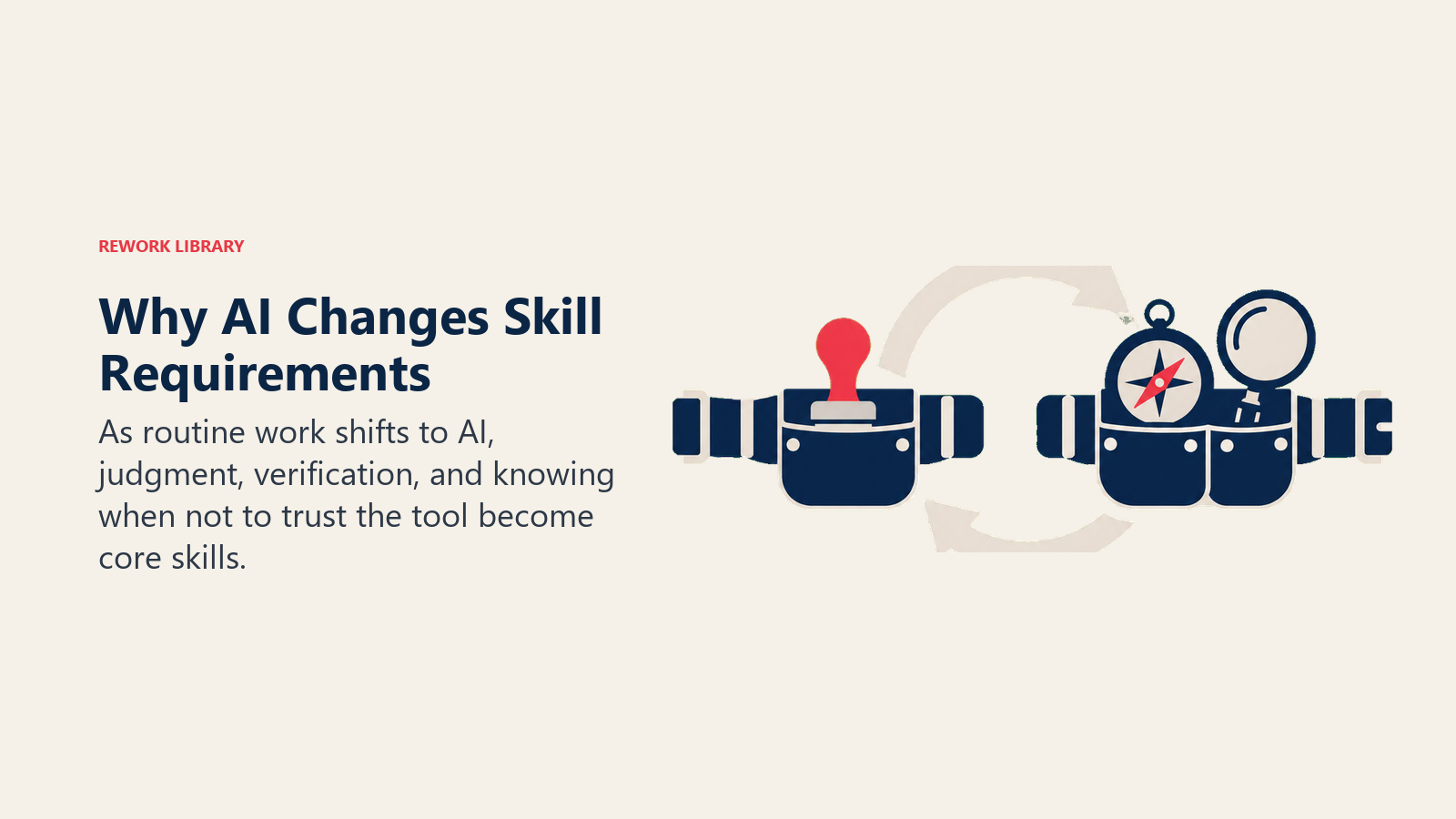 AI skill requirements shown as a work tool belt updated with a judgment compass and verification lens