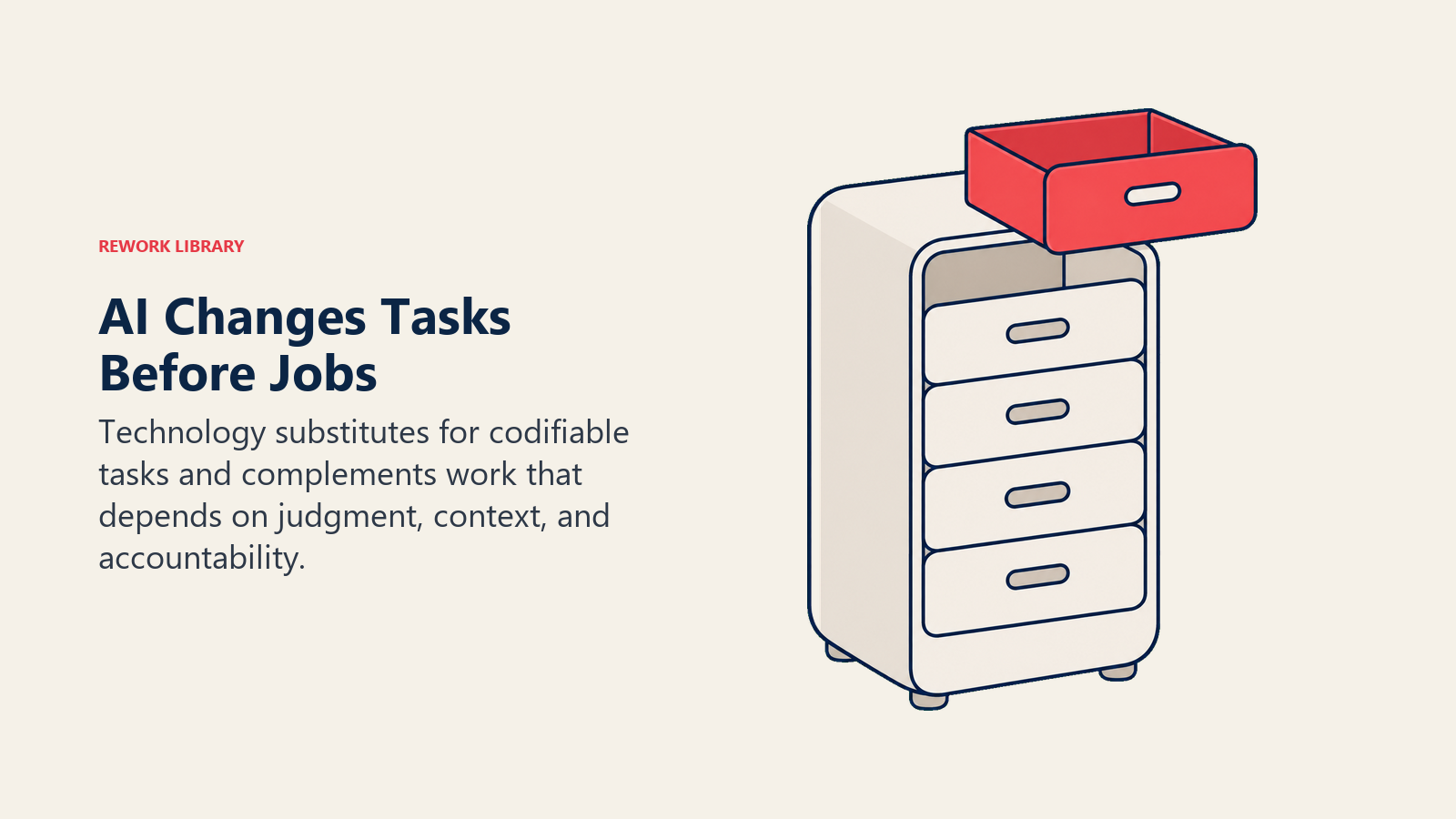 AI changes tasks before jobs, shown as one task drawer lifted from an intact role cabinet
