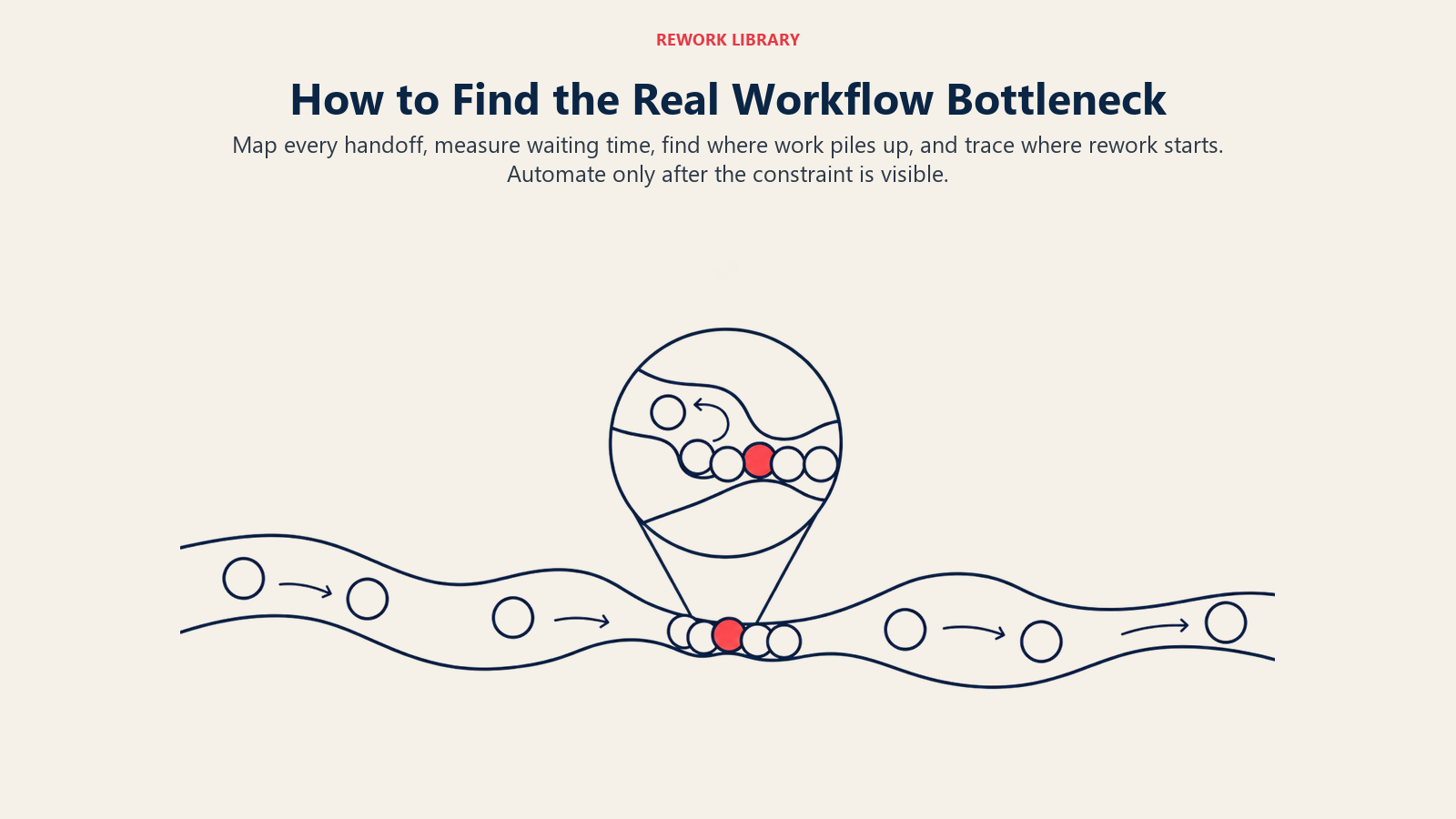 Workflow map revealing a hidden bottleneck where work waits and a rework loop sends items backward