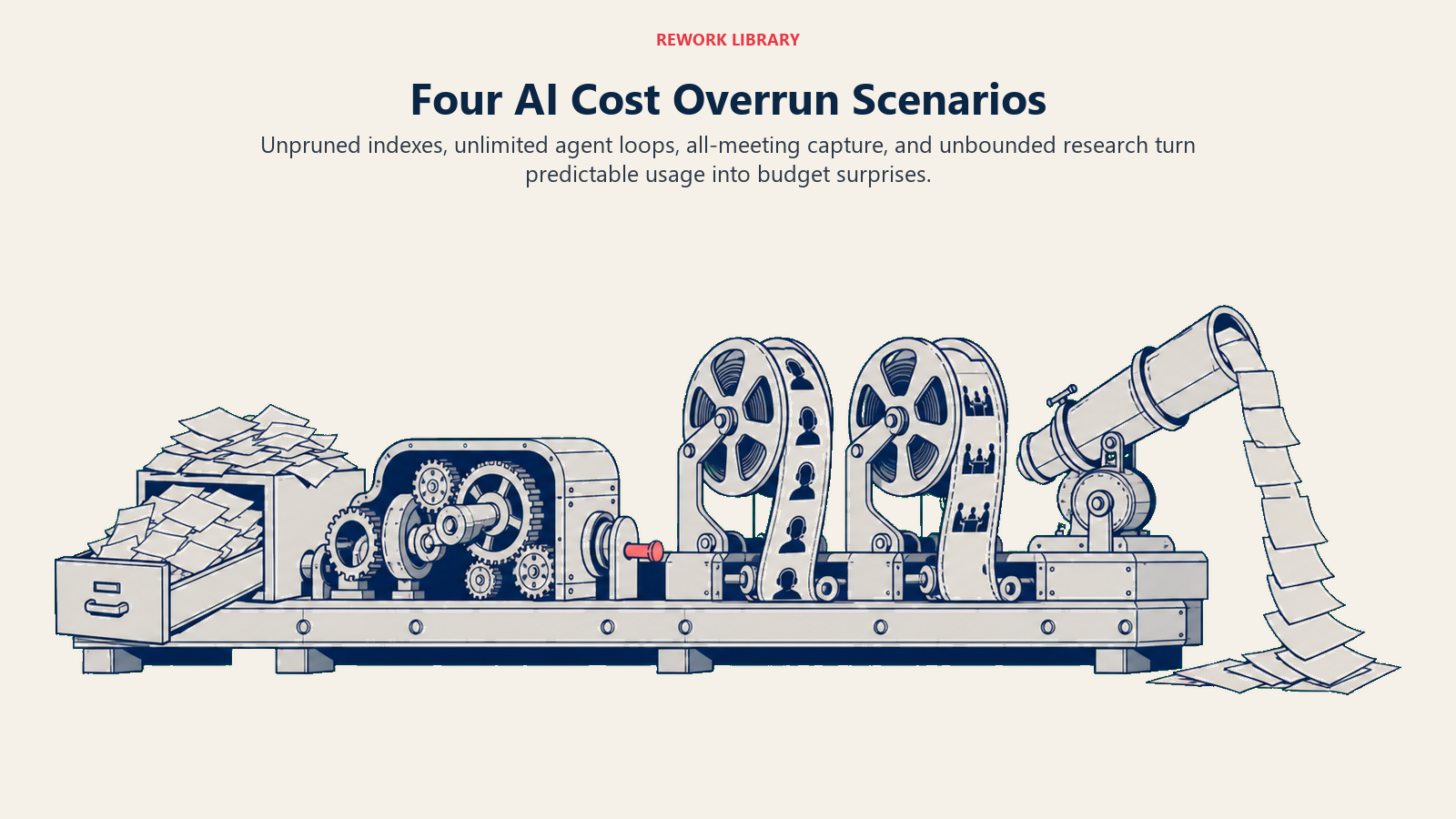 Four AI cost overrun scenes: unpruned index, runaway agent loop, all-meeting capture, and unbounded research