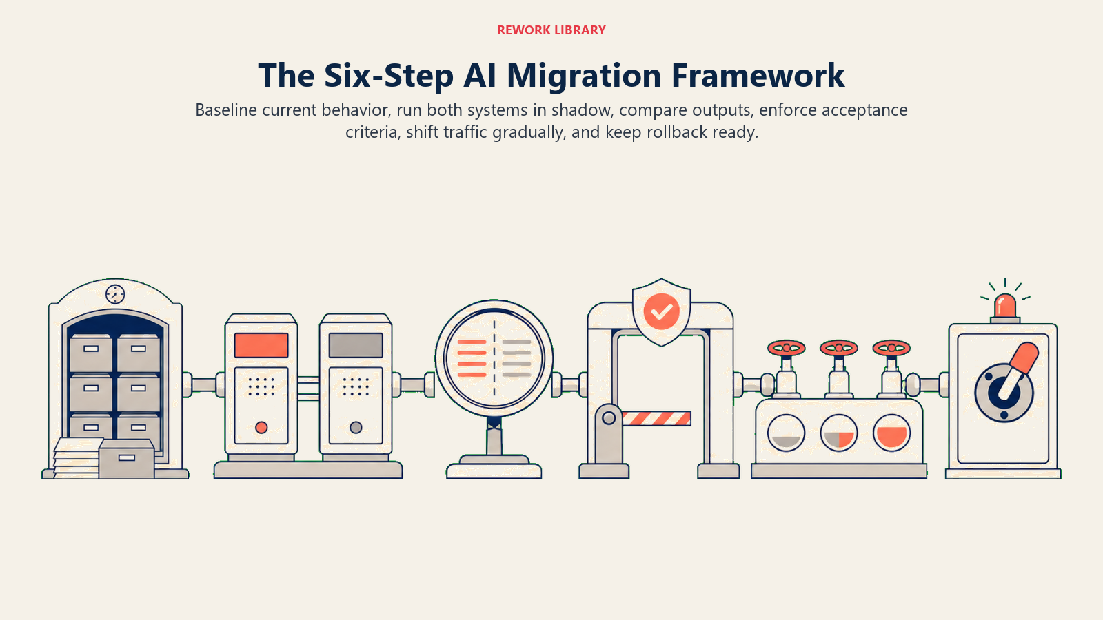 Six-step AI migration framework from baseline and shadow mode to gradual traffic shift and rollback