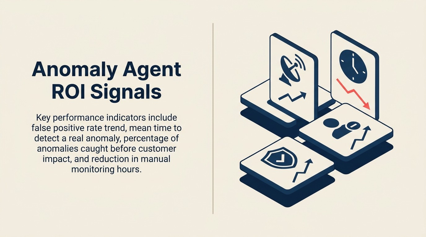 Tín hiệu ROI anomaly agent: tỷ lệ chuyển đổi cảnh báo sang sự cố, tỷ lệ false positive, mean time to detection, tổn thất gian lận được ngăn chặn
