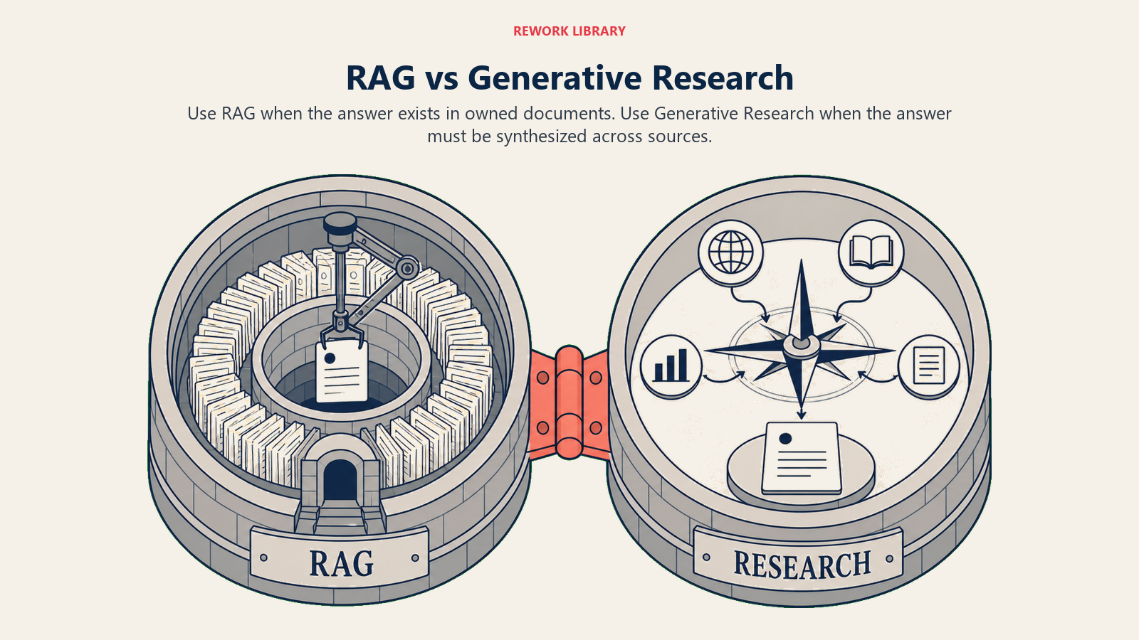 RAG bounded archive compared with Generative Research gathering multiple external sources