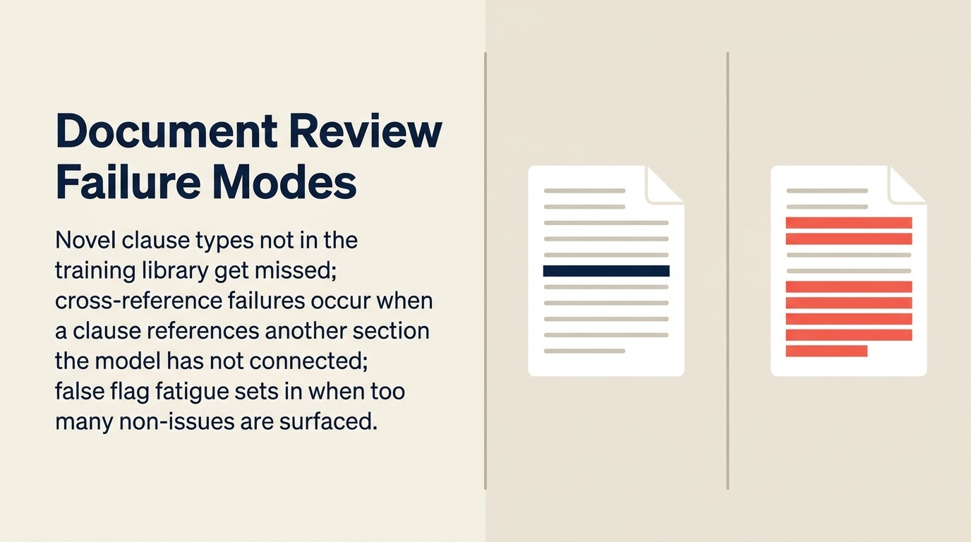 Document review failure mode: novel clause type, cross-reference failure, false flag fatigue, confidence overstatement, standard drift, context collapse