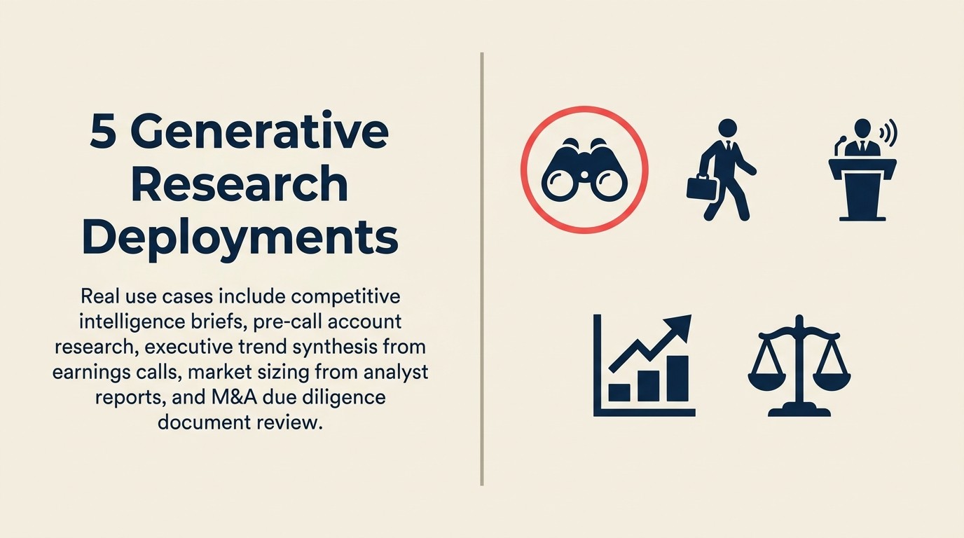Năm ví dụ generative research: competitive intelligence, brief tài khoản trước cuộc gọi, tổng hợp xu hướng điều hành, phân tích quy mô thị trường và M&A desk research