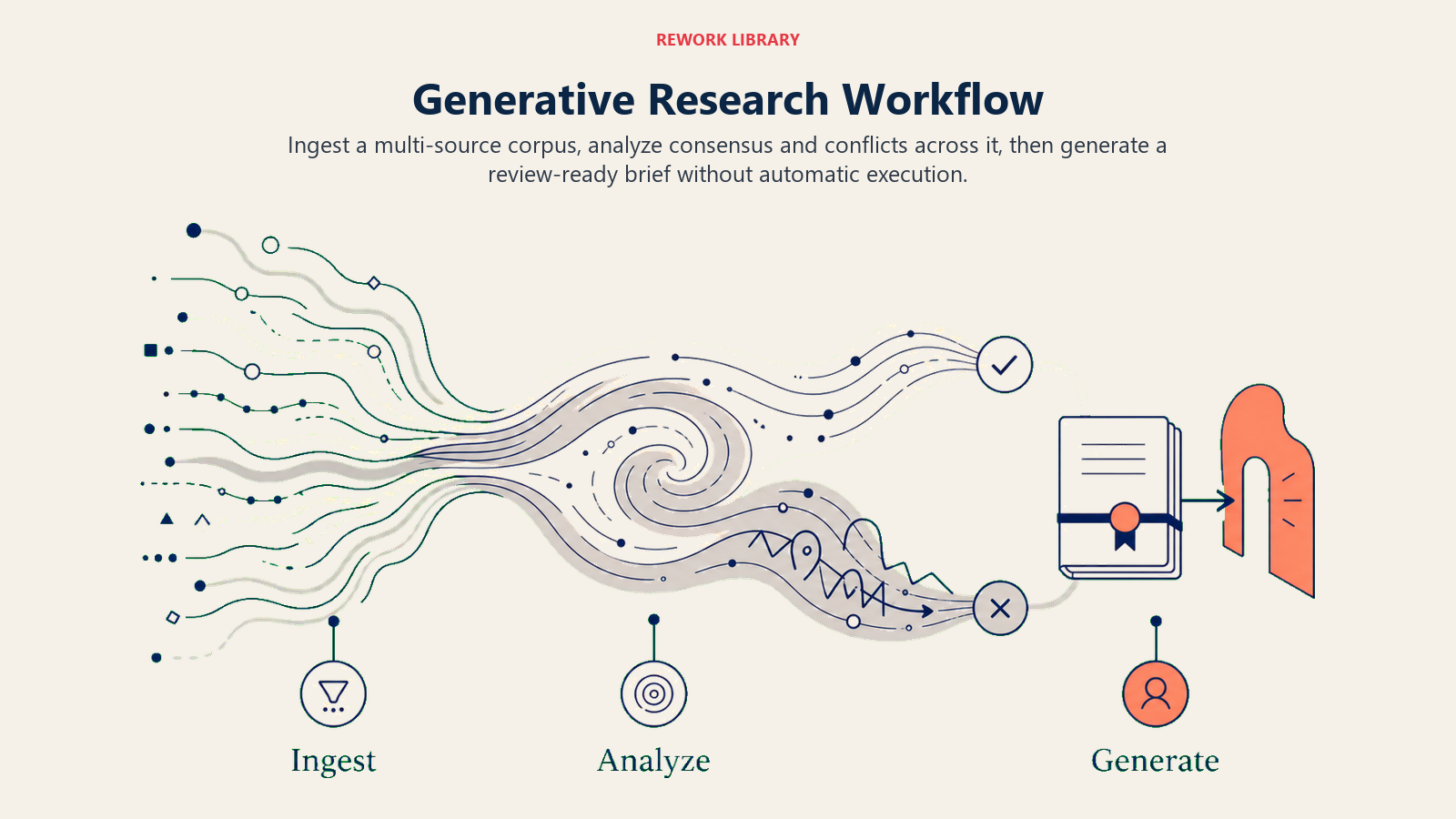 Generative Research workflow from multi-source ingest through analysis and generation to human review