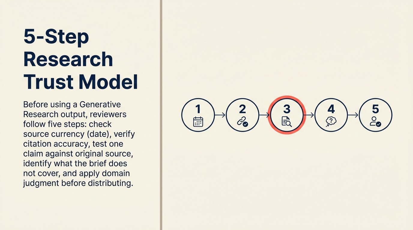 Mô hình tin cậy generative research: checklist 5 bước cho người xem xét trước khi phân phối bất kỳ AI-synthesized brief nào ra bên ngoài