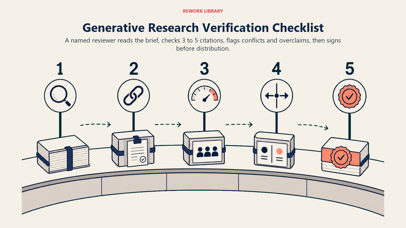 Generative Research verification checklist with five review checkpoints before distribution