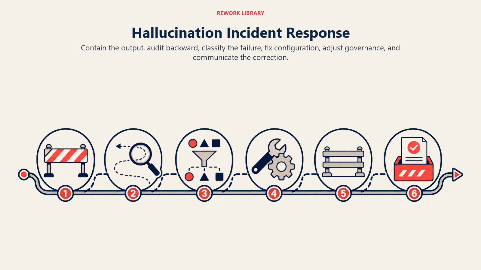 Hallucination Incident Response: a wide six-station incident response route that first closes a containment barrier, then traces backward with a magnifier, sorts the cause, repairs a mechanism, adds a guardrail, and releases a corrected notice from a coral checkpoint.