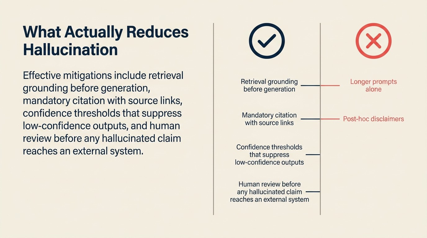 Các biện pháp giảm thiểu hallucination hiệu quả: grounding, confidence threshold, structured output format và HITL checkpoint tại ranh giới Execute