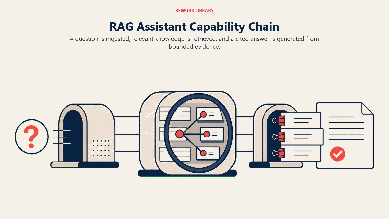 RAG Assistant Capability Chain: a wide three-part arc: a question token enters an intake aperture, a library index lens selects three source slips, and an answer sheet emerges physically clipped to those sources.