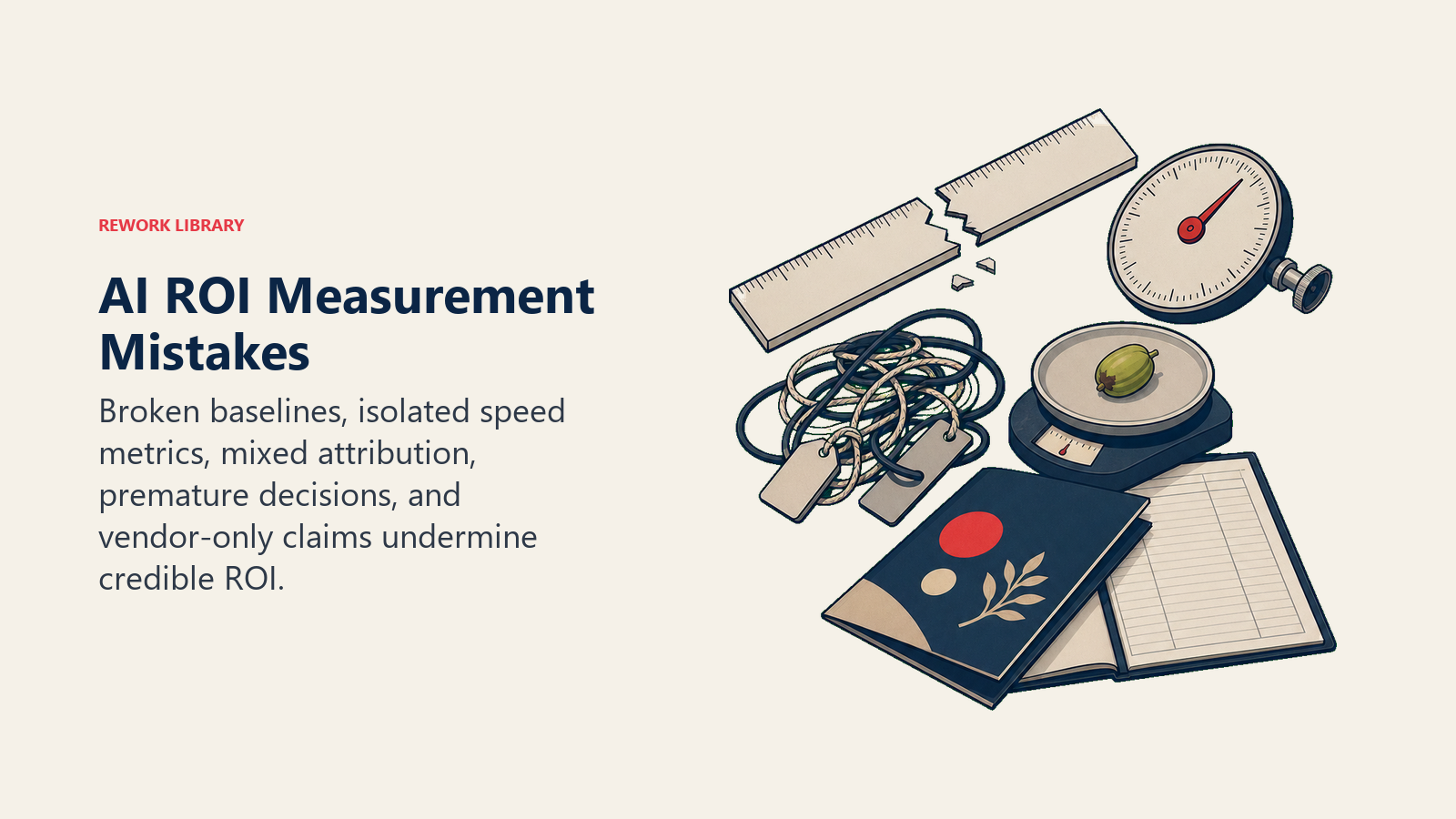 AI ROI Measurement Mistakes: a still life of five visibly flawed measurement tools: a snapped baseline ruler, a speed dial detached from a scale, tangled attribution cords, an immature seed weighed too early, and a vendor brochure masking an empty ledger.
