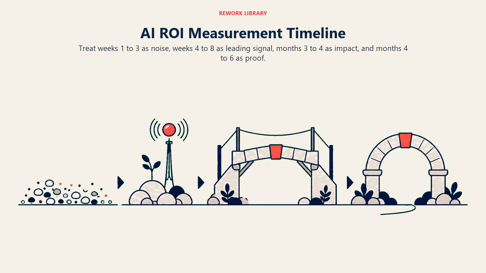 AI ROI Measurement Timeline: a wide horizontal evidence landscape with four visually distinct phases: scattered noise pebbles, a sprouting signal beacon, a forming business-impact bridge, and a completed proof arch.