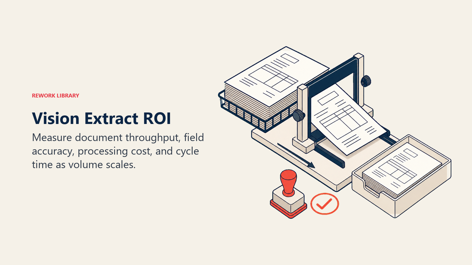 Vision Extract ROI: a document-processing workbench where one invoice sheet passes through a precision viewing frame into a clean structured record tray, with a coral error-check stamp.