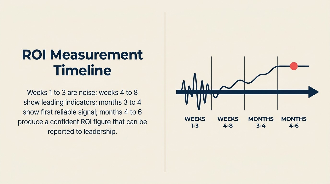 Mốc thời gian đo lường AI ROI: tuần 1-3 nhiễu, tuần 4-8 leading indicator, tháng 3-4 tín hiệu business impact, tháng 4-6 trình bày ROI tự tin