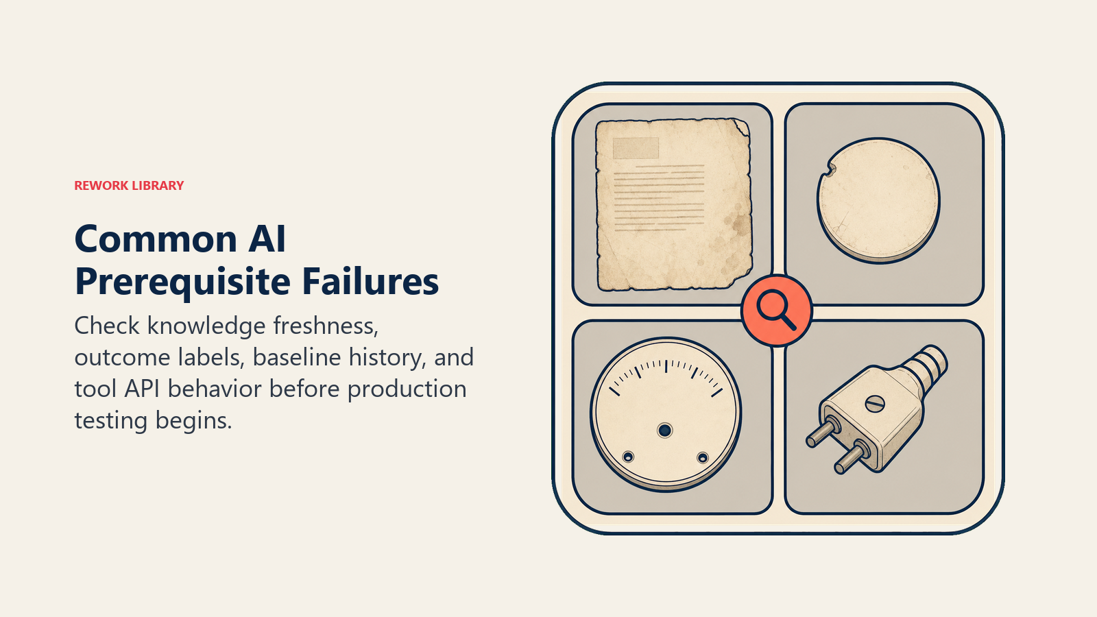 Common AI prerequisite failures shown as stale knowledge, missing labels, absent baselines, and untested APIs